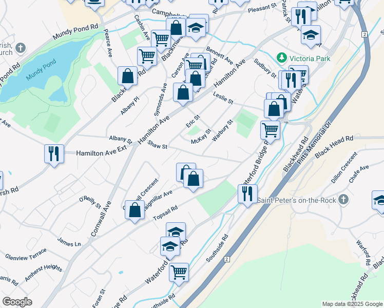 map of restaurants, bars, coffee shops, grocery stores, and more near Shaw Street in St. John's