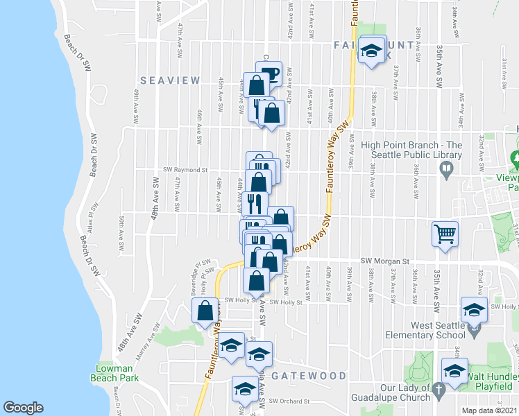 map of restaurants, bars, coffee shops, grocery stores, and more near 6055 California Avenue Southwest in Seattle