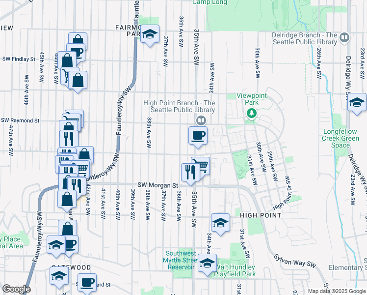 map of restaurants, bars, coffee shops, grocery stores, and more near 6044 36th Avenue Southwest in Seattle