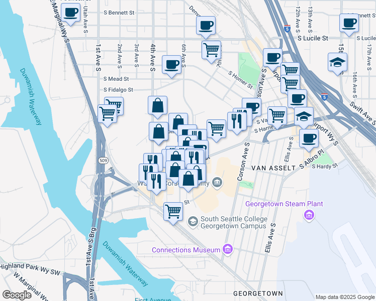 map of restaurants, bars, coffee shops, grocery stores, and more near 6133 6th Avenue South in Seattle