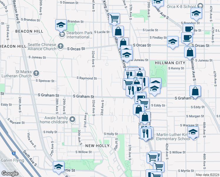 map of restaurants, bars, coffee shops, grocery stores, and more near 6115 35th Avenue South in Seattle