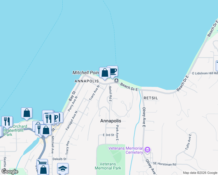 map of restaurants, bars, coffee shops, grocery stores, and more near 1400 Retsil Road East in Port Orchard