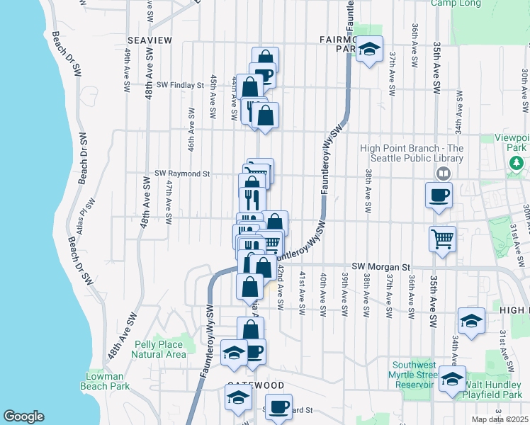 map of restaurants, bars, coffee shops, grocery stores, and more near 6056 California Avenue Southwest in Seattle