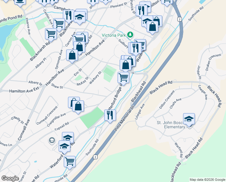 map of restaurants, bars, coffee shops, grocery stores, and more near 16 Topsail Road in St. John's