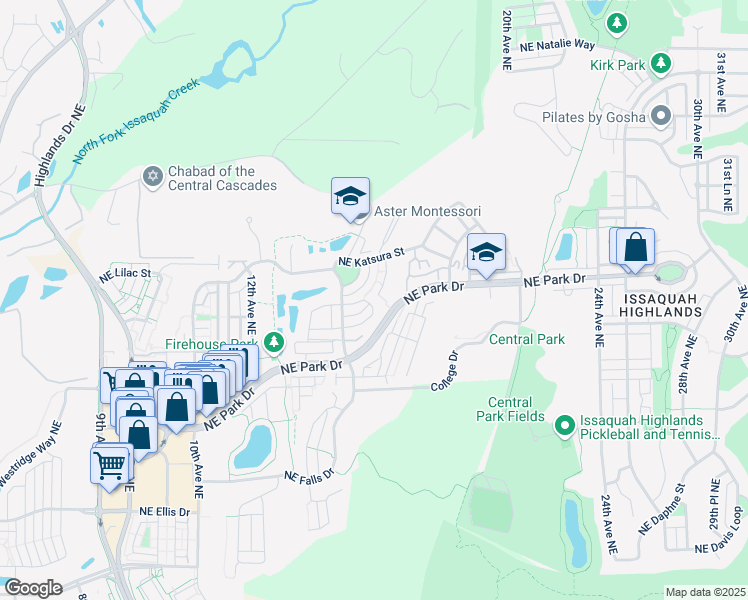 map of restaurants, bars, coffee shops, grocery stores, and more near 1595 Northeast Iris Street in Issaquah