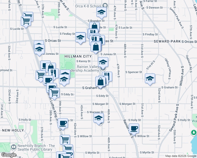 map of restaurants, bars, coffee shops, grocery stores, and more near 6115 Rainier Avenue South in Seattle