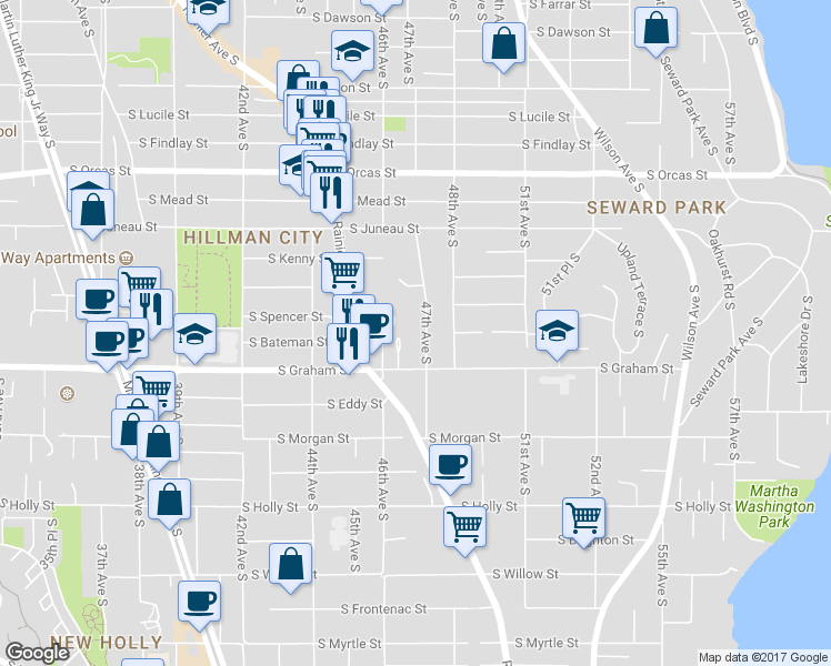 map of restaurants, bars, coffee shops, grocery stores, and more near 6133 47th Avenue South in Seattle