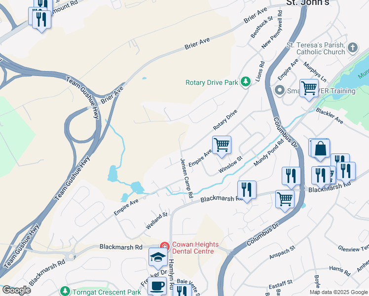 map of restaurants, bars, coffee shops, grocery stores, and more near 40 Jensen Camp Road in St. John's