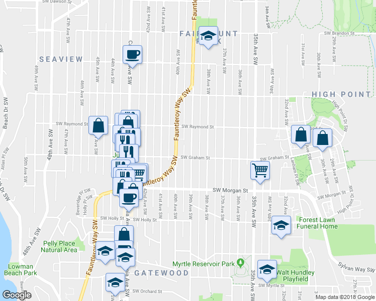 map of restaurants, bars, coffee shops, grocery stores, and more near 6047 39th Avenue Southwest in Seattle