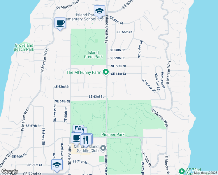 map of restaurants, bars, coffee shops, grocery stores, and more near 6218 Island Crest Way in Mercer Island