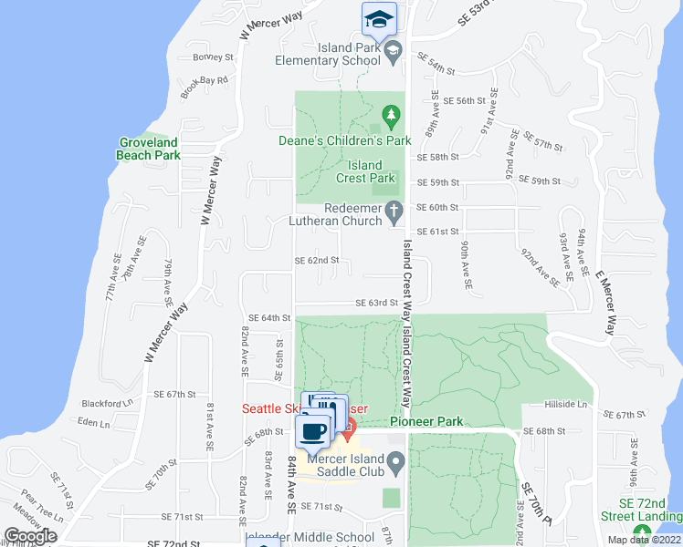map of restaurants, bars, coffee shops, grocery stores, and more near 6215 86th Avenue Southeast in Mercer Island