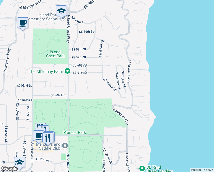 map of restaurants, bars, coffee shops, grocery stores, and more near 6167 92nd Avenue Southeast in Mercer Island