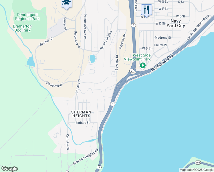 map of restaurants, bars, coffee shops, grocery stores, and more near 1825 Charleston Beach Road West in Bremerton