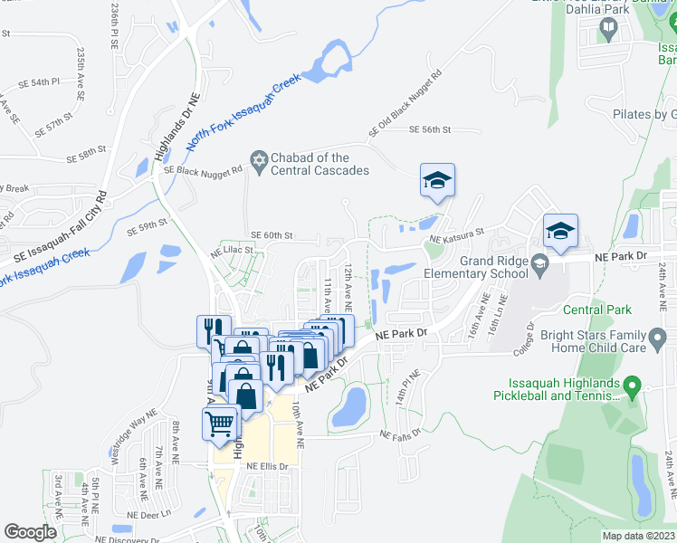 map of restaurants, bars, coffee shops, grocery stores, and more near 1854 11th Avenue Northeast in Issaquah