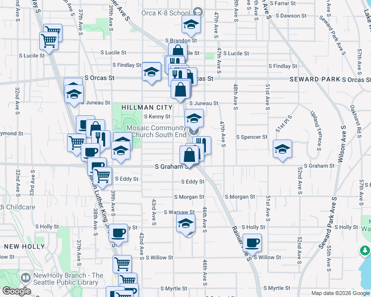 map of restaurants, bars, coffee shops, grocery stores, and more near 6115 Rainier Avenue South in Seattle