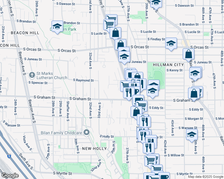 map of restaurants, bars, coffee shops, grocery stores, and more near 6115 35th Avenue South in Seattle