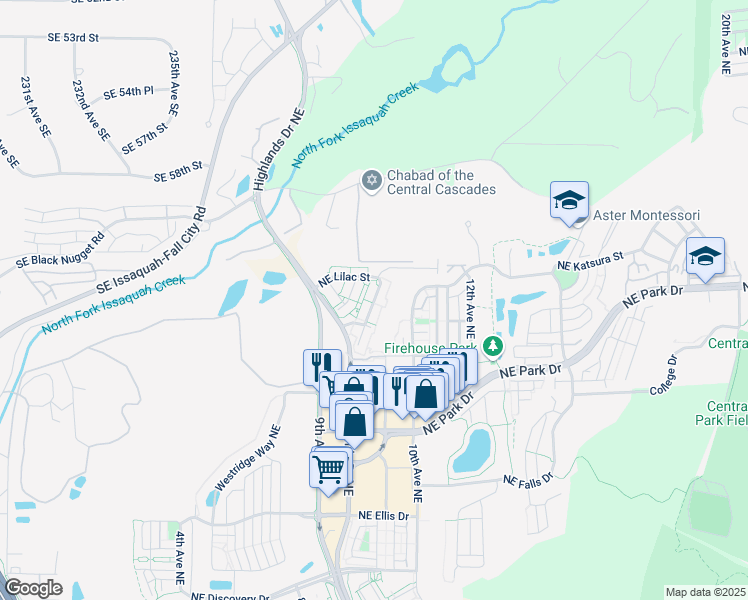 map of restaurants, bars, coffee shops, grocery stores, and more near 1124 Northeast Lilac Street in Issaquah