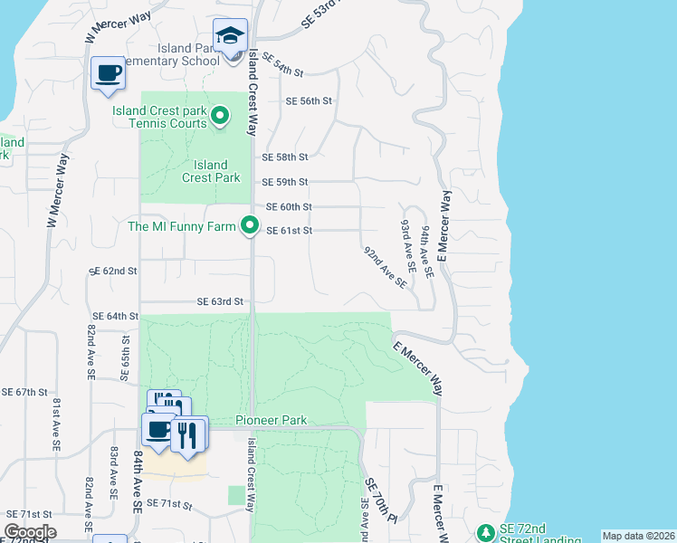 map of restaurants, bars, coffee shops, grocery stores, and more near 6121 92nd Avenue Southeast in Mercer Island