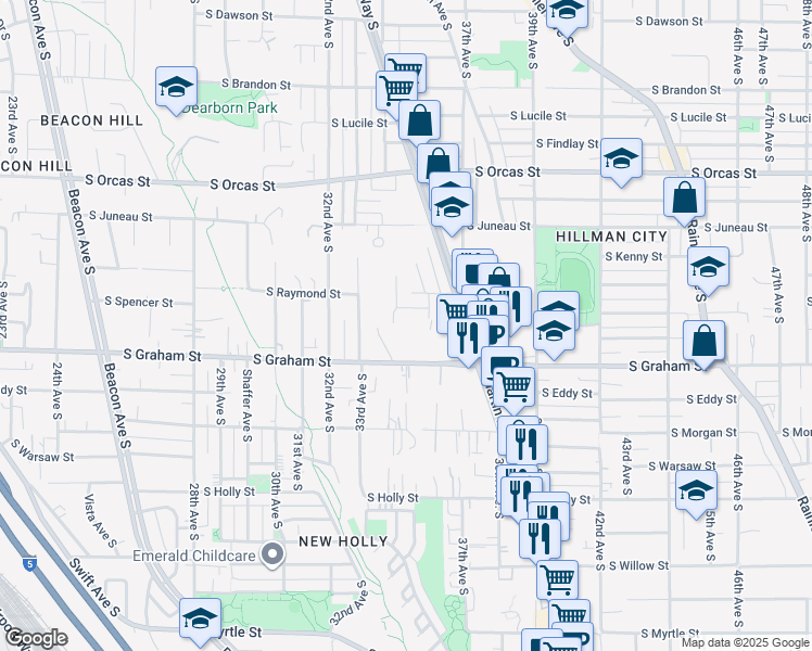 map of restaurants, bars, coffee shops, grocery stores, and more near 6115 35th Avenue South in Seattle
