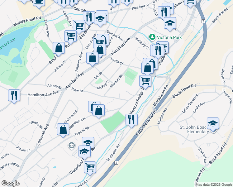 map of restaurants, bars, coffee shops, grocery stores, and more near 5 Mclea Place in St. John's
