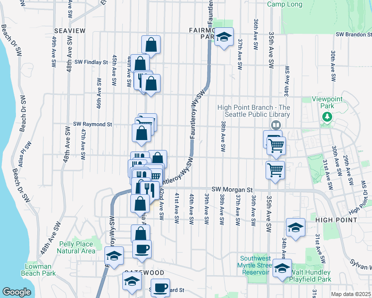 map of restaurants, bars, coffee shops, grocery stores, and more near 6047 Fauntleroy Way Southwest in Seattle