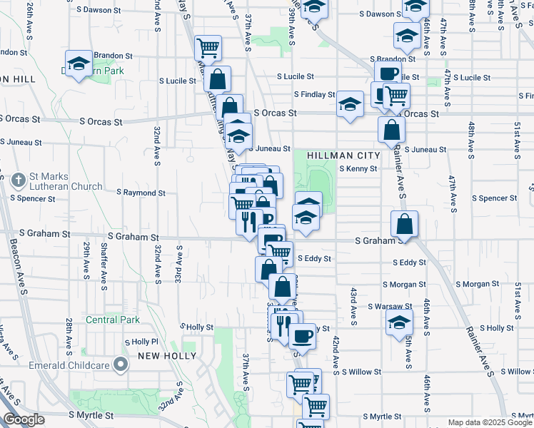 map of restaurants, bars, coffee shops, grocery stores, and more near 6008 Martin Luther King Jr Way S in Seattle