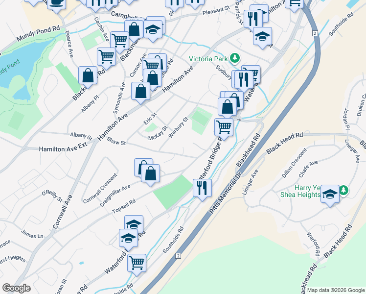 map of restaurants, bars, coffee shops, grocery stores, and more near 7 Mclea Place in St. John's