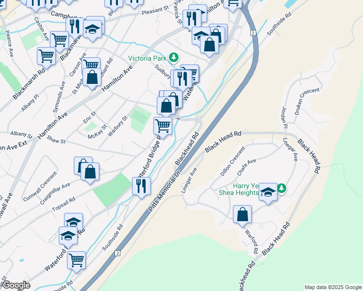 map of restaurants, bars, coffee shops, grocery stores, and more near 445 Southside Road in St. John's