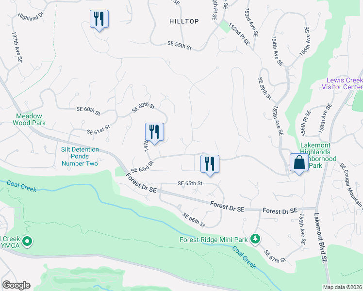map of restaurants, bars, coffee shops, grocery stores, and more near 14825 Southeast 62nd Court in Bellevue