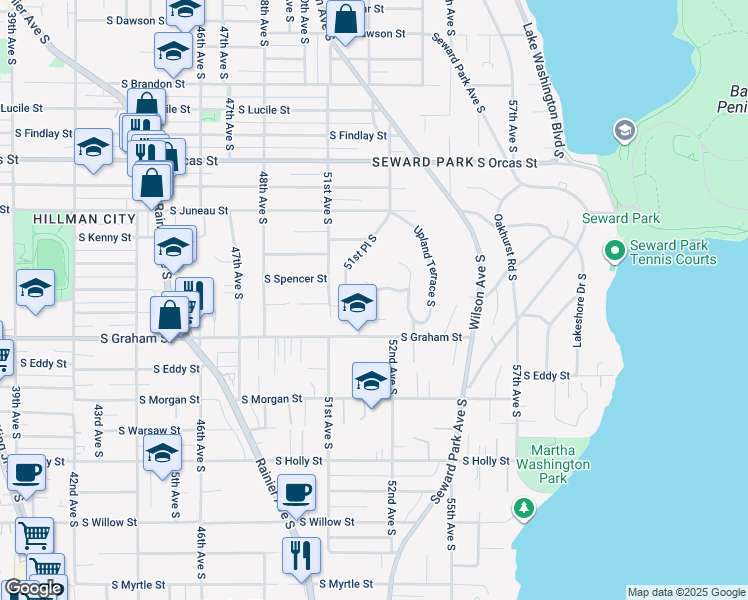 map of restaurants, bars, coffee shops, grocery stores, and more near 5175 South Spencer Street in Seattle