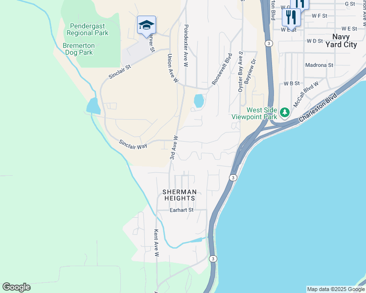 map of restaurants, bars, coffee shops, grocery stores, and more near 1654 West Admiralty Heights Lane in Bremerton