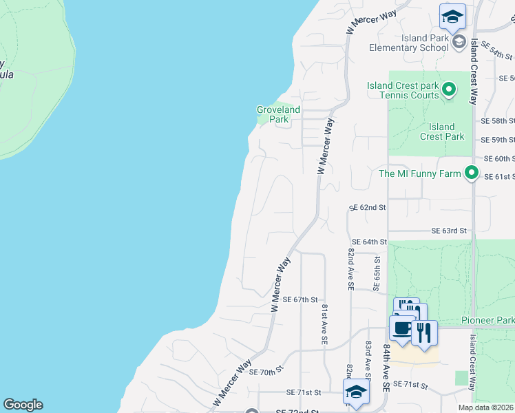map of restaurants, bars, coffee shops, grocery stores, and more near 6065 78th Avenue Southeast in Mercer Island
