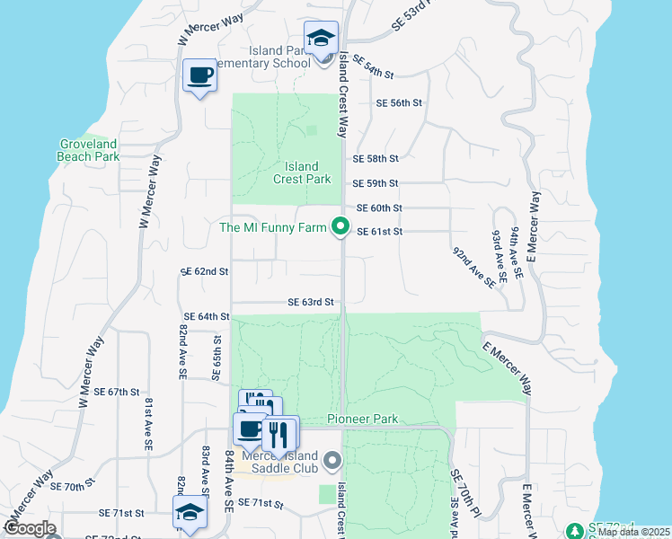 map of restaurants, bars, coffee shops, grocery stores, and more near 6218 Island Crest Way in Mercer Island