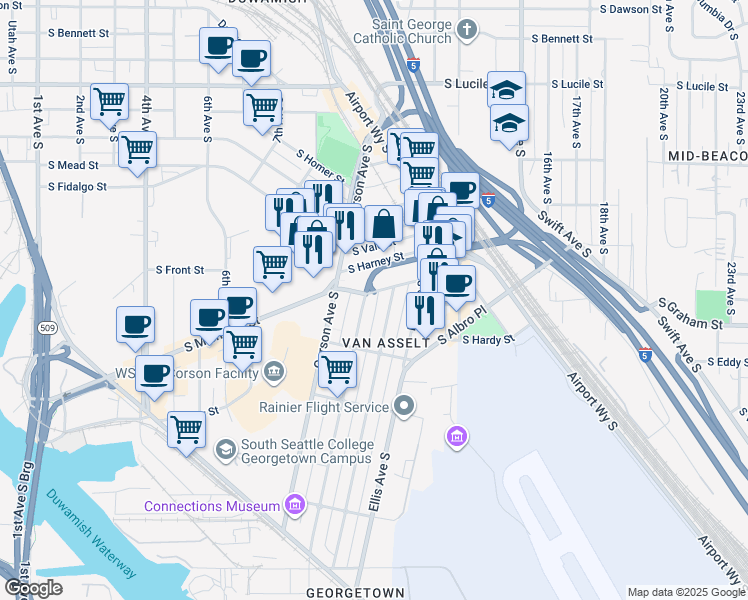 map of restaurants, bars, coffee shops, grocery stores, and more near 6211 Carleton Avenue South in Seattle