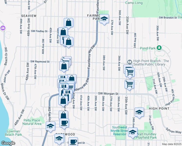 map of restaurants, bars, coffee shops, grocery stores, and more near 6047 39th Avenue Southwest in Seattle