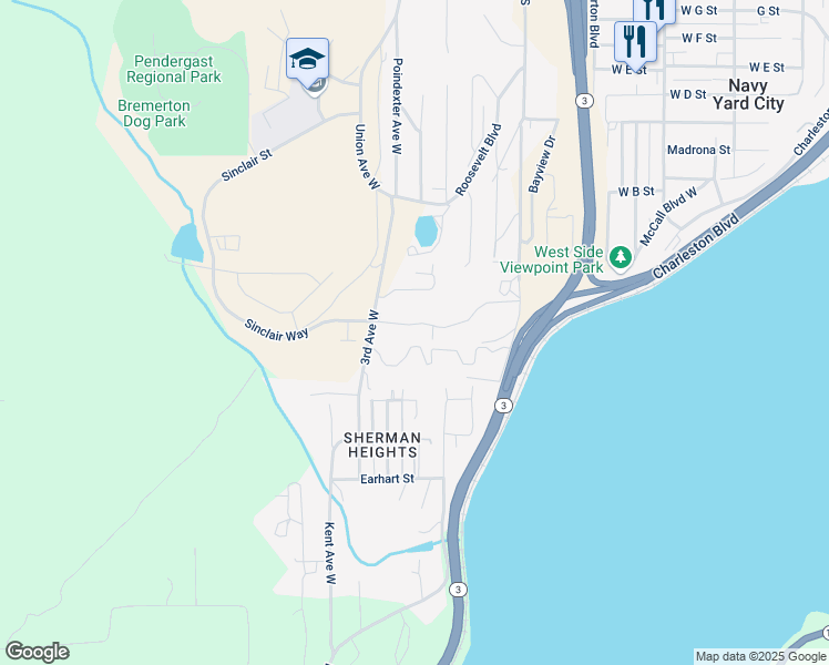 map of restaurants, bars, coffee shops, grocery stores, and more near 1750 West Sunn Fjord Lane in Bremerton