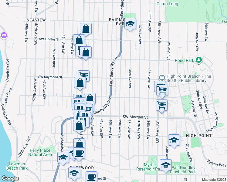map of restaurants, bars, coffee shops, grocery stores, and more near 6047 Fauntleroy Way Southwest in Seattle
