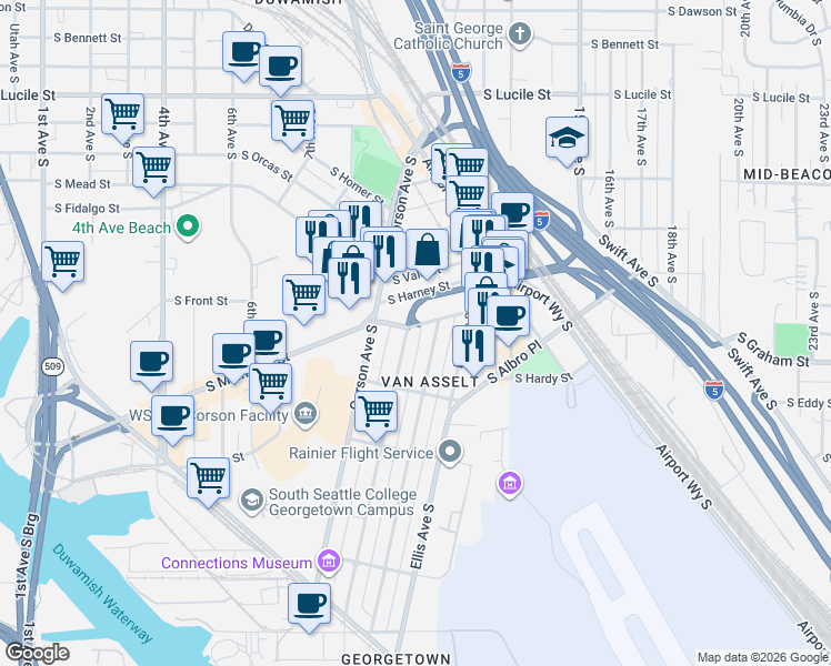 map of restaurants, bars, coffee shops, grocery stores, and more near 6211 Carleton Avenue South in Seattle