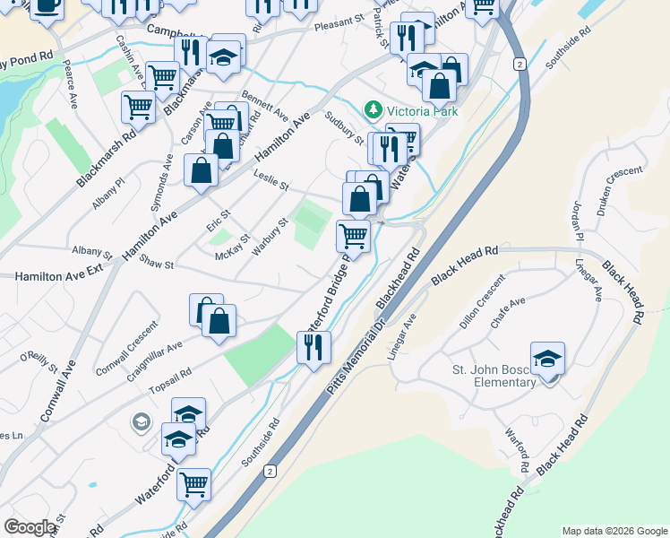 map of restaurants, bars, coffee shops, grocery stores, and more near 7 Topsail Road in St. John's