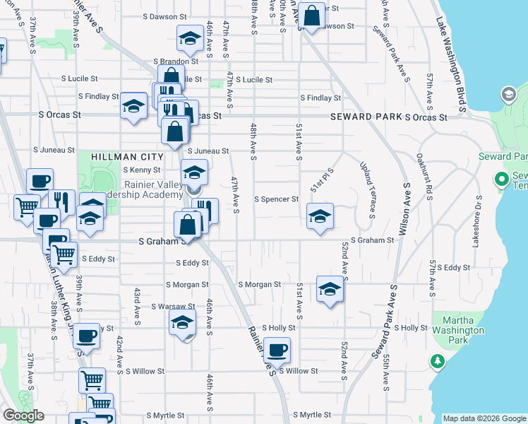 map of restaurants, bars, coffee shops, grocery stores, and more near 4812 South Bateman Street in Seattle