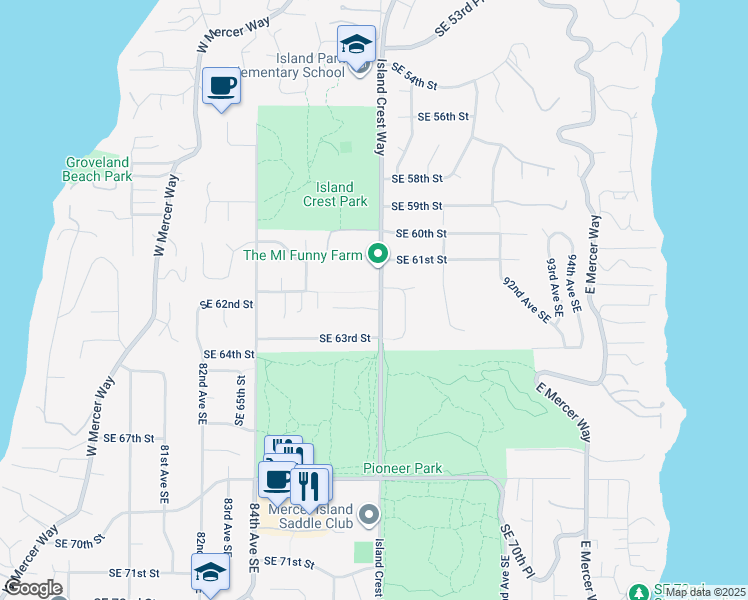 map of restaurants, bars, coffee shops, grocery stores, and more near 6218 Island Crest Way in Mercer Island