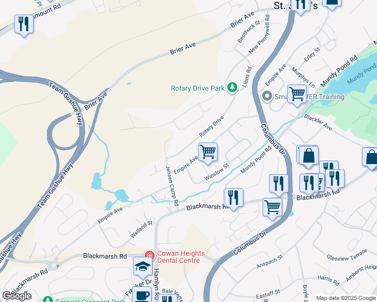 map of restaurants, bars, coffee shops, grocery stores, and more near 79 Rotary Drive in St. John's