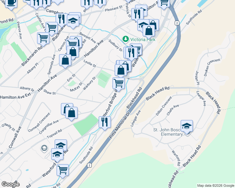 map of restaurants, bars, coffee shops, grocery stores, and more near 7 Waterford Bridge Road in St. John's