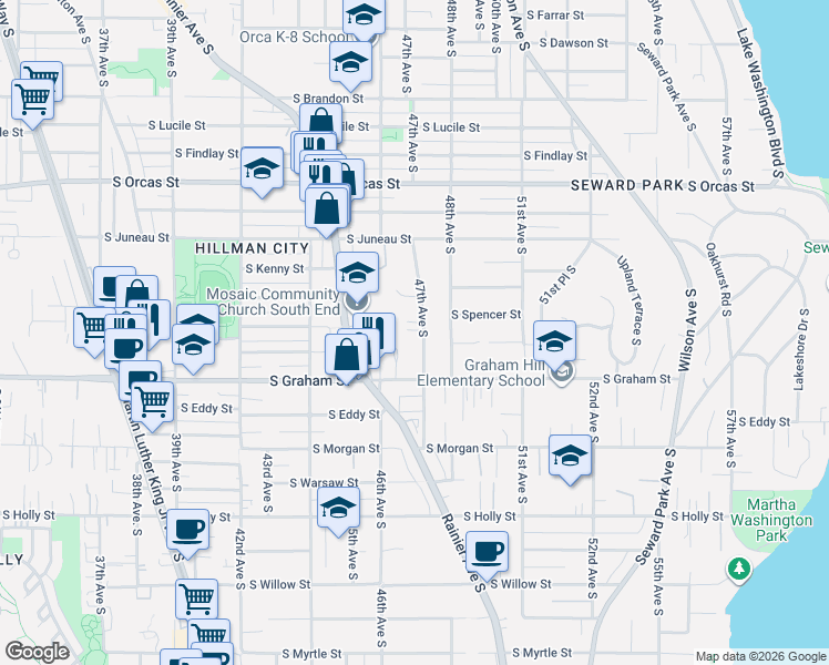 map of restaurants, bars, coffee shops, grocery stores, and more near 6123 47th Avenue South in Seattle