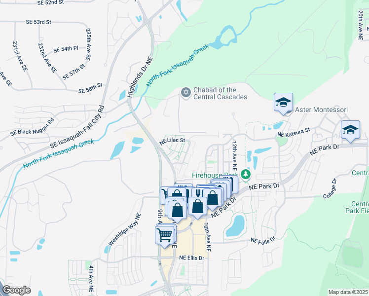 map of restaurants, bars, coffee shops, grocery stores, and more near 1124 Northeast Lilac Street in Issaquah