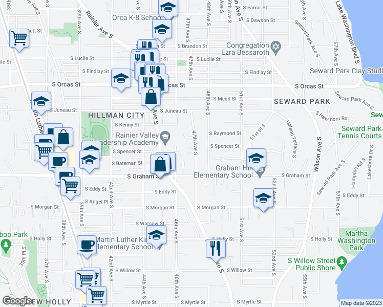 map of restaurants, bars, coffee shops, grocery stores, and more near 6133 47th Avenue South in Seattle