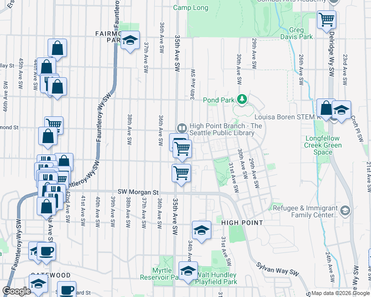 map of restaurants, bars, coffee shops, grocery stores, and more near 6058 35th Avenue Southwest in Seattle