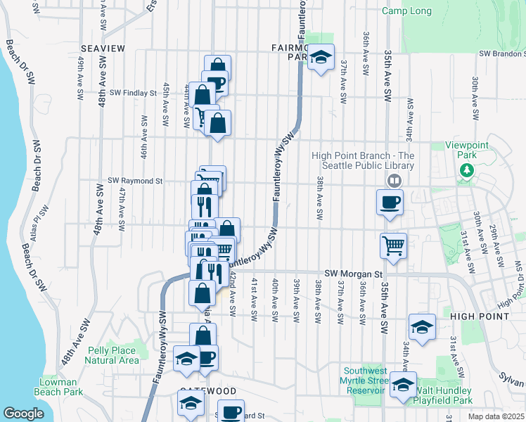 map of restaurants, bars, coffee shops, grocery stores, and more near 6047 Fauntleroy Way Southwest in Seattle