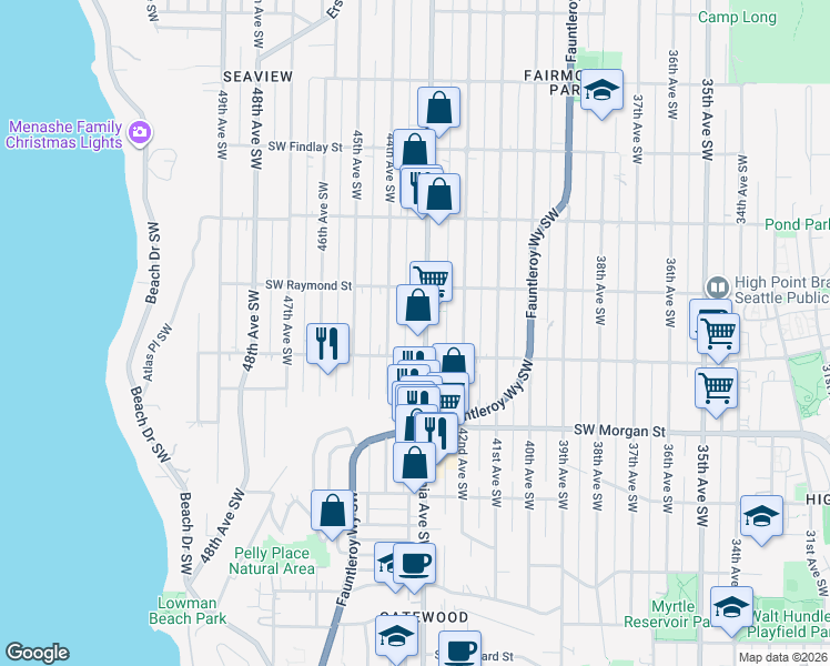 map of restaurants, bars, coffee shops, grocery stores, and more near 6067 California Avenue Southwest in Seattle