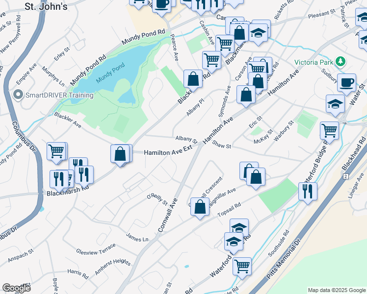 map of restaurants, bars, coffee shops, grocery stores, and more near 382 Hamilton Avenue Extension in St. John's